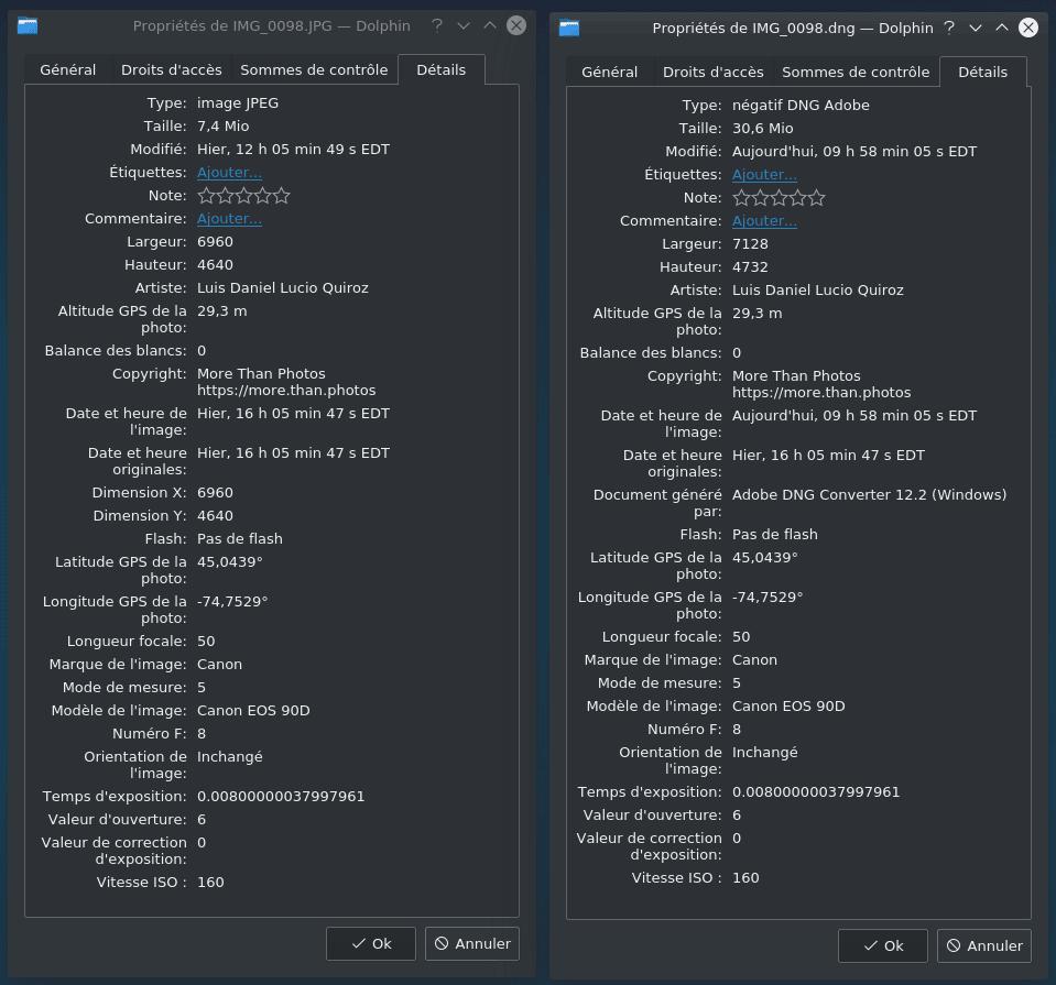 converted dng vs native jpeg metadata